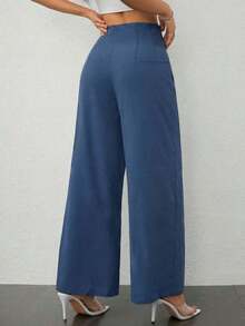 PETITE Pantalones anchos de cintura alta de textura de algodón 100% para mujer, de moda casual y sencilla, apropiados para la temporada de regreso a la escuela y para ir al trabajo - Niebla azul - Ver 2