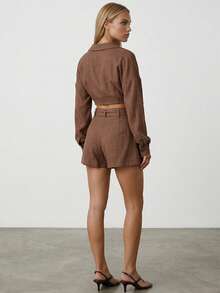 Women's Solid Color Drop Shoulder Long Sleeve Shirt And Shorts Casual Set - Rust Brown - View 3
