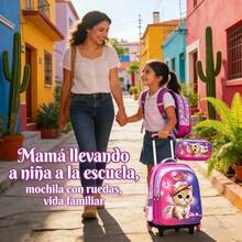Set de 3 Piezas Mochila Escolar Infantil para Niños y Niñas, Mochila Escolar con Ruedas Opcional, Incluye Bolsa de Almuerzo Térmica y Estuche para Lápices, Diseño de Dibujos Animados de Astronauta Fútbol Gato Kawaii, Gran Capacidad Ergonómica, para Estudiantes de Primaria, Ideal para Regalo de Inicio de Clases - GX-3T-4-16-morado+l - Ver 3