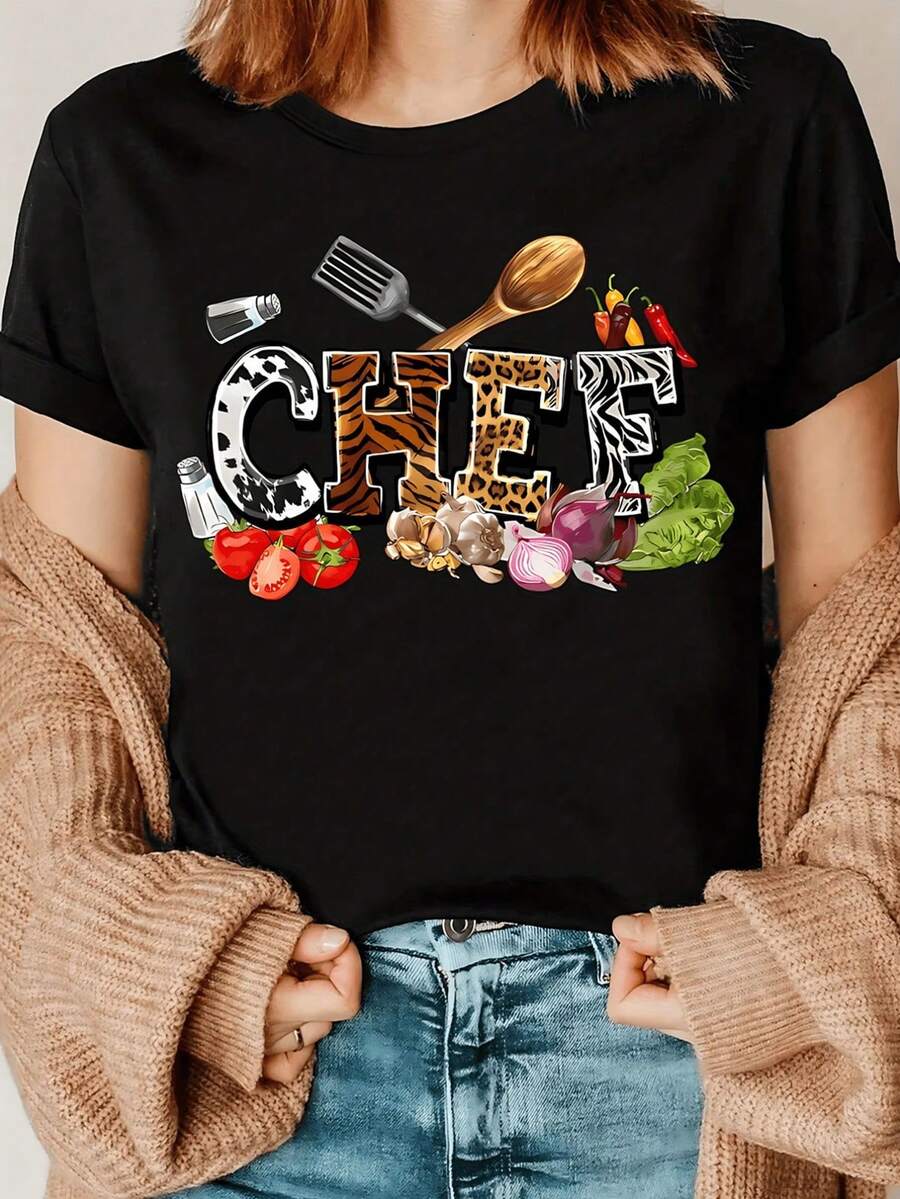 Mujer Camiseta de manga corta con estampado térmico de letras CHEF con estampado de animales y alimentos, diseño de letras con leopardo y cebra, estilo divertido - Negro - Ver 1