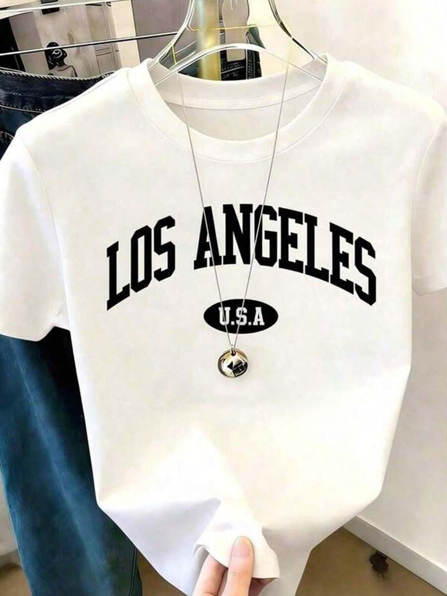 Mujer Camiseta de manga corta con estampado térmico de letras negras curvas, diseño de ciudad con letras "U.S.A", cuello redondo casual sencillo - Blanco - Ver 1