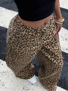 Jeans anchos y sueltos con estampado de leopardo, estilo casual y chic de la calle para uso diario - Marrón 4 - Ver 7
