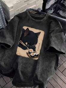 Camiseta de manga corta con estampado de gato negro retro vintage comiendo sushi, diseño de nicho, camiseta retro, camiseta de cuello redondo, esencial para primavera/verano, ropa interior para invierno, top de mujer, otoño/invierno, ajuste cómodo casual - Negro - Ver 10