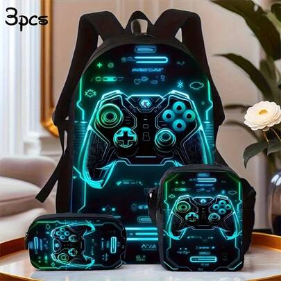 Juego de 3 piezas de mochila para juegos: mochila escolar con temática de jugador con compartimento para tableta/computadora portátil, estuche para lápices y bolsa de almuerzo - Sistema de mochila ligero y duradero, correas ajustables, lavable a mano (azul/negro), para adolescentes