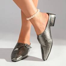 女士纯色优雅PU皮革低跟乐福鞋，适合办公室穿着，春夏皆宜 - 銀色 - 查看 6