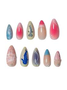 24pcs Cute Fish Striped Nail Stickers, Medium Oval Macaron Fake Nails, Vibrant Macaron Summer Style, Colorful Stripes Combined With Cartoon Fish Wave Pattern, Glossy Finish, Oval Fake Nails, Perfect For Women's Summer Beach Vacation, Daily Commute, Party Music Festival And Other Occasions! - Multicolor - View 2