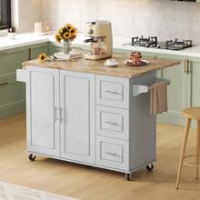 Large Mobile Kitchen Table L137*W43(76)*H92cm, Oak Top, Foldable, Multifunctional Furniture, 3 Drawers, Towel Rack, Ideal For The Kitchen, Dining Room, Home - Grey - View 8