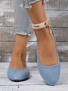 Women's Suede Flat Shoes, Solid Color Pointed Toe Low Heel Slip-On Boat Shoes, Candy Color Round Toe Cloth Shoes, Versatile Flat Loafers - Baby Blue - View 5