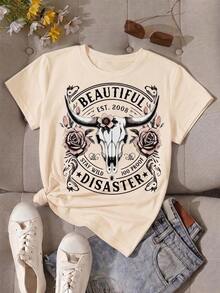 New Women's Short-Sleeved T-Shirt For Autumn/Winter, With A Round Neck, Ideal As A Wardrobe Staple. Featuring A Relaxed Fit And Modern Print, This High-Quality Pure Cotton T-Shirt Offers Comfort And A Pleasant Feel For Everyday Wear. - 白色1 - 查看 3