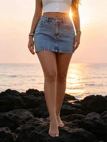 Women's High Waist Denim Mini Skirt, Casual Vintage Washed Straight Jean Skirt, Classic Basic A-Line Short Skirt With Pockets For Summer,Vintage Washed Denim Mini Skirt,High Waist A-Line Jean Skirt,Casual Summer Short Denim Skirt - Màu xanh nhạt - Xem 1
