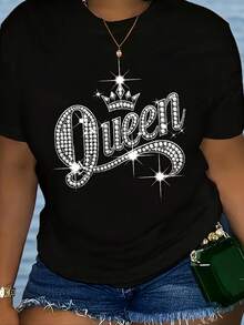 Camiseta con estampado de reina y, top casual de manga corta y cuello redondo, ropa de mujer - Negro - Ver 9