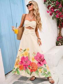 Vestido de gasa con estampado para primavera y verano con cuello de halter para mujeres - Multicolor 3 - Ver 6