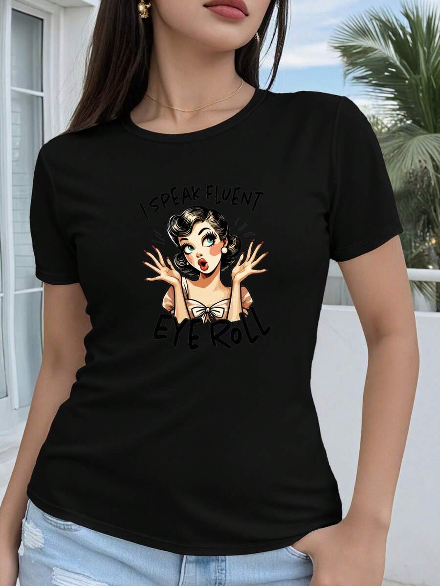 Camiseta de mujer, estilo regular de manga corta - estampado de de chica retro con dibujo geométrico 2D, animada y divertida, camiseta casual de manga corta con cuello redondo, adecuada para todas las estaciones, disponible en varios colores y tallas, moda de vacaciones, estética retro, material transpirable, estampado divertido. - Negro - Ver 1