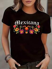 Camiseta de manga corta con cuello redondo y estampado floral mexicano para mujer, ideal para uso casual, festivales y eventos culturales. Tela cómoda, adecuada para regalar. - Negro - Ver 5