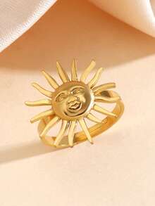 1 pieza Anillo abierto minimalista con forma de sol, chapado en oro de 18K de acero inoxidable, adecuado para uso diario, fiestas y eventos de mujeres - Dorado - Ver 5