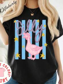 Everyday Silly Goose T-Shirt, A  Children's T-Shirt For Girls, A Preppy Pink Tee With A Summery Bay Watercolor Print And Fashionable Stripes. This Unisex T-Shirt Is Made Of 220g Pure Cotton, The Ideal Weight For All Seasons, Suitable For Both Men And Women. The Durable, High-Quality Fabric Is Soft To The Touch And Long-Lasting. It's Also Breathable. Perfect For Spring And Summer, Holidays, Mother's Day, And Independence Day. - 黑色 - 查看 1