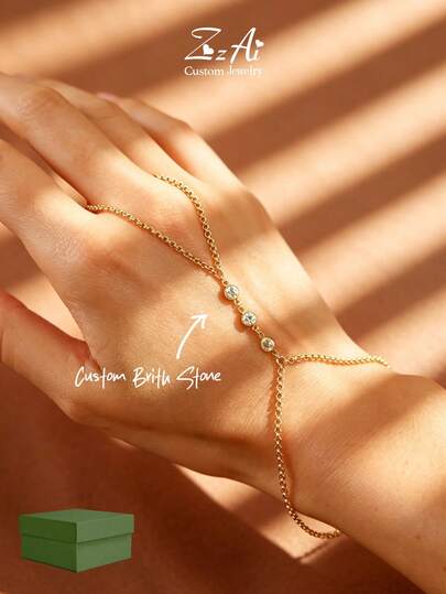 1pc Custom Gemstone Hand Chain, 14K Gold Filled Or SilverFinger Bracelet , Birthstone Finger Bracelet, Jewelry Decorations, Suitable For Personal Anniversaries, Paired With Clothing, As A Mother's Day Gift.