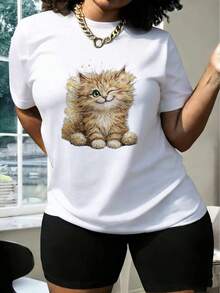 Camiseta de algodón puro con un divertido estampado de un gatito esponjoso que hace la pestaña, una linda camiseta con diseño de gato estilo acuarela, perfecta para amantes de los gatos, entusiastas de la moda casual y aquellos que adoran los diseños de mascotas originales y adorables. Transpirable, que absorbe el sudor y suave, adecuado para el transporte diario, el ocio en casa y el uso cotidiano. - Blanco - Ver 7