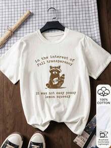 Women's Loose Fit T-Shirt, Raccoon Letter Print, 100% Cotton White Short Sleeve Graphic Design T-Shirt, Casual Crew Neck Short Sleeve T-Shirt, Breathable And Comfortable, Available In Various Sizes, Perfect For Christmas Gifts - 黑色 - 查看 7