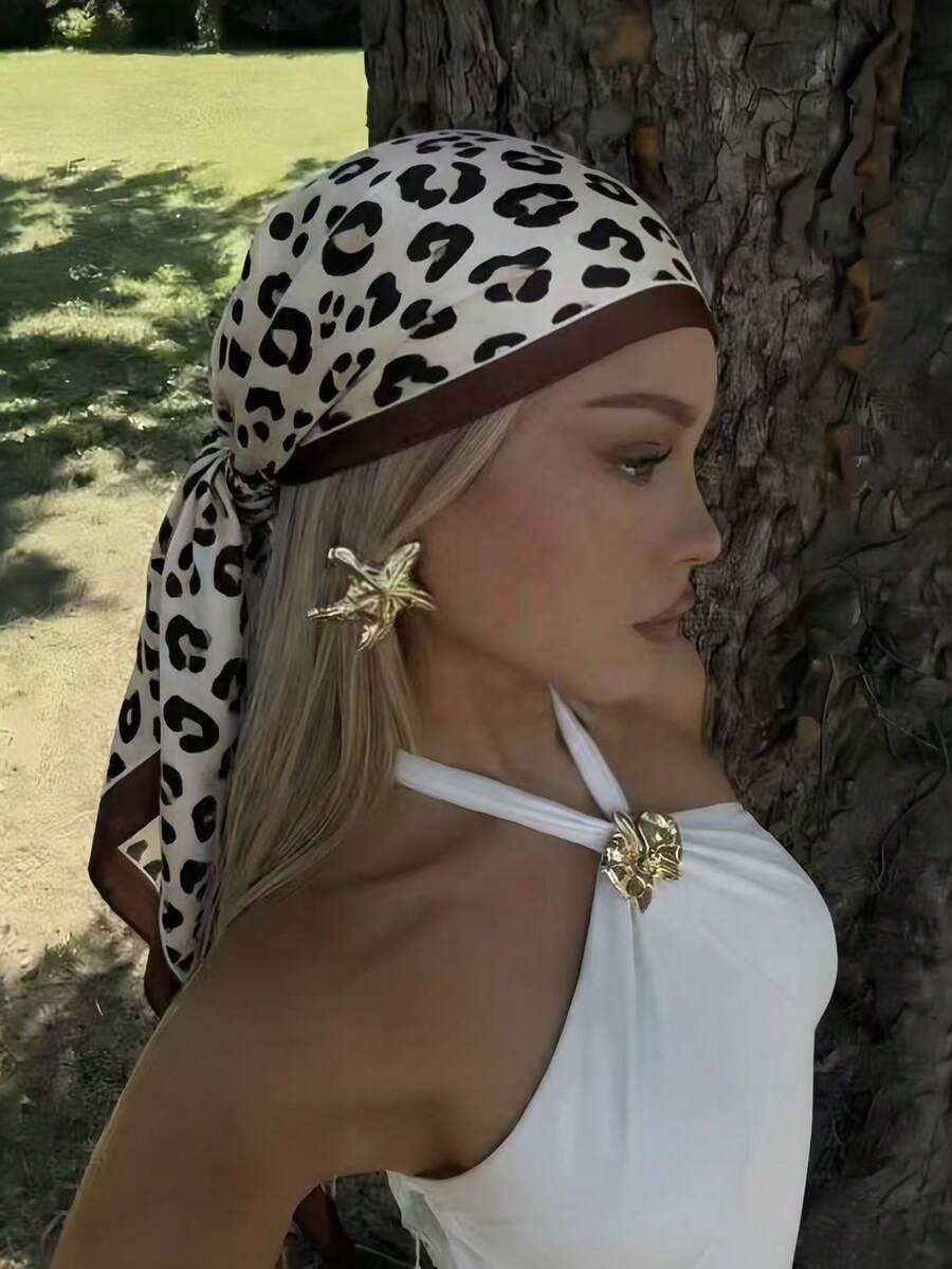 1pc Women's Classic Leopard Print 70*70cm Silk Scarf, Versatile Sunscreen Accessory Suitable For Daily Wear - Brown - View 1