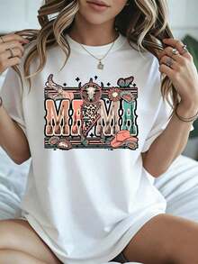 Mama T-Shirt For Mother's Day, Western Boho Print With Cow Skull And Flowers, Black Casual Clothing For Spring Summer - 白色 - 查看 8