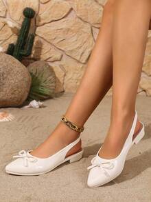 New Spring/Autumn French Style Chunky Heel Bow Tie Pointed Toe Mid Heel Pumps, Low Vamp Non-Fatiguing Work Shoes For Women - White - View 2