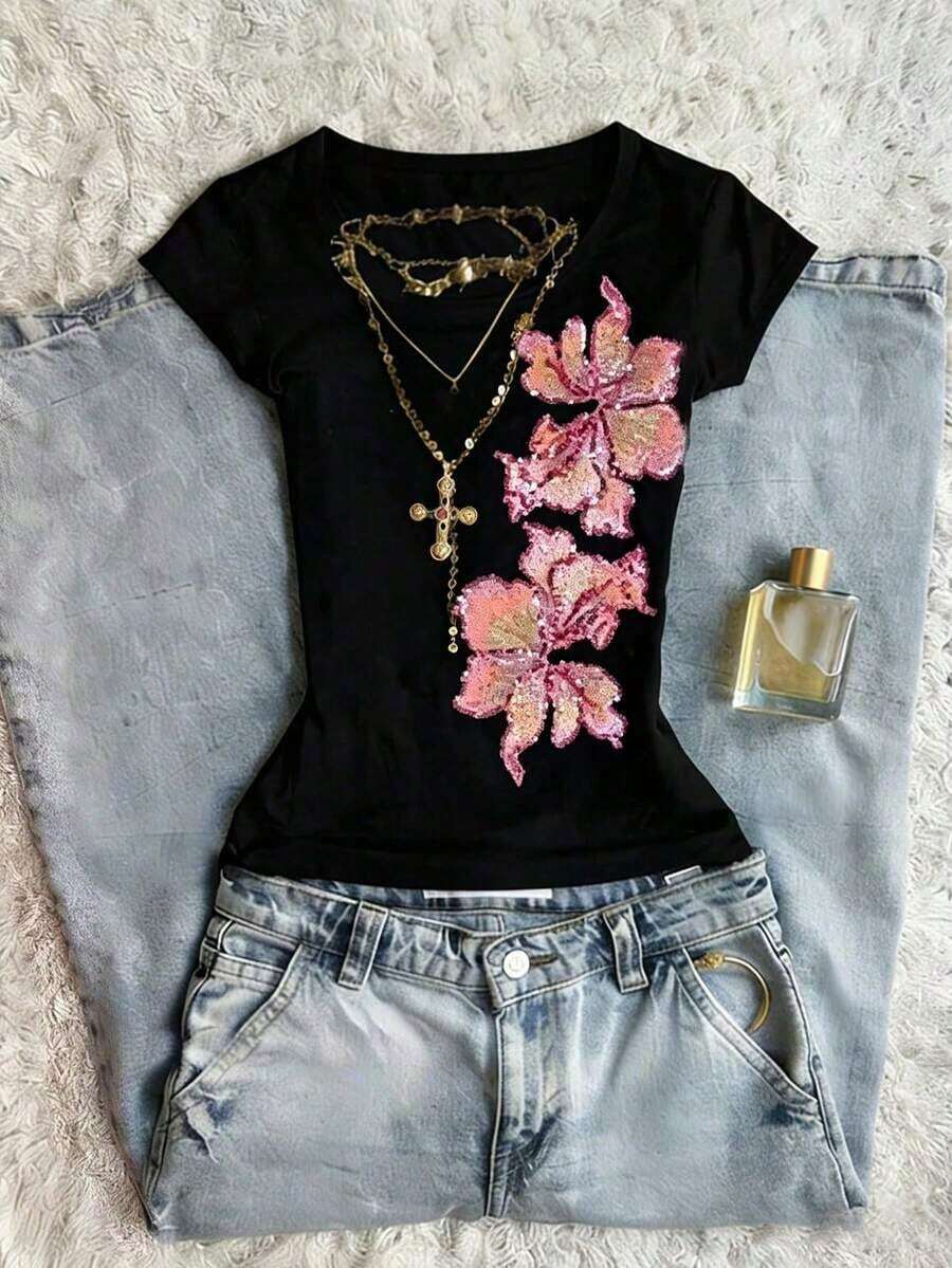 Camiseta casual de mujer de cuello redondo y manga corta con estampado floral - Multicolor - Ver 1