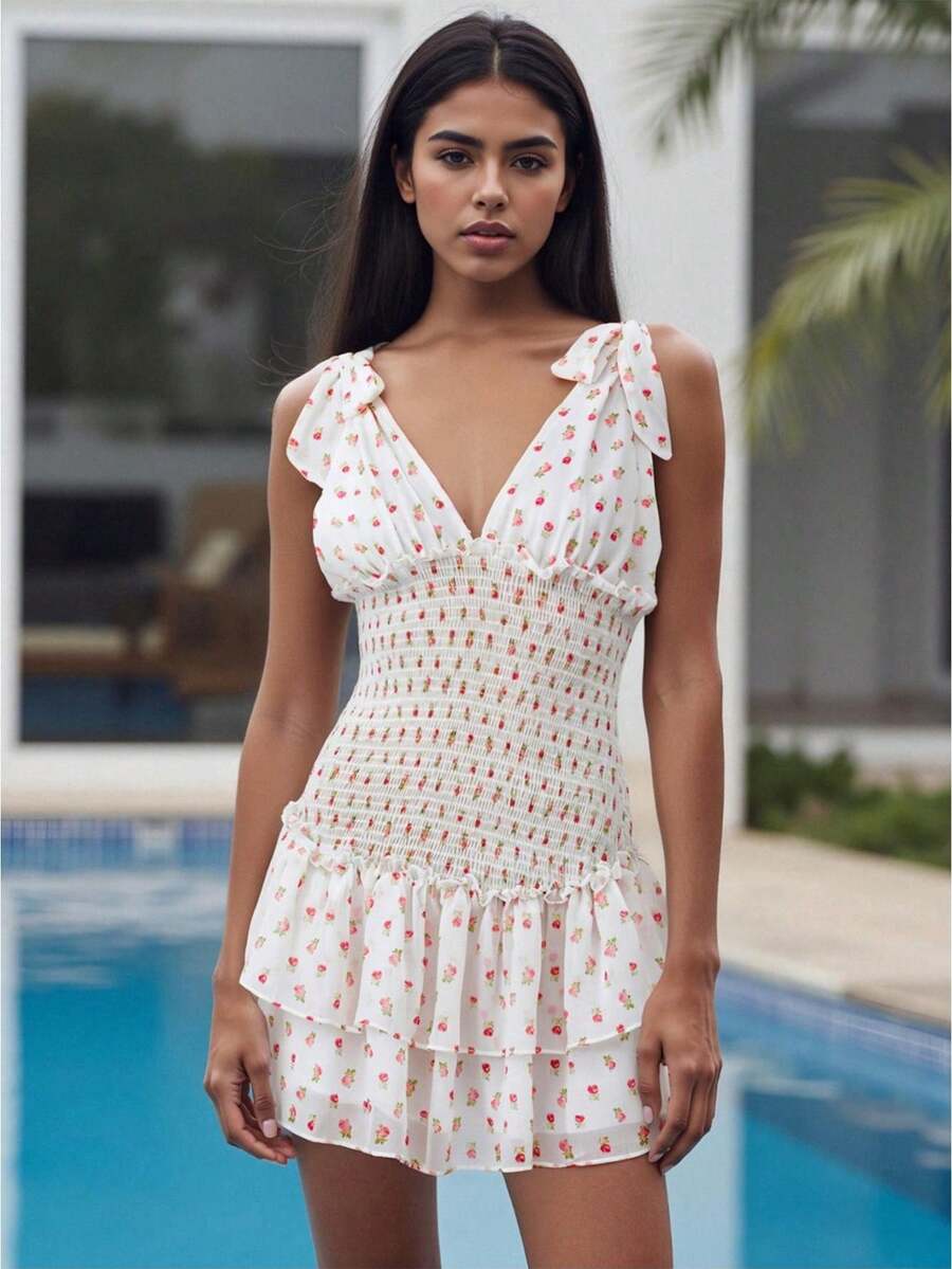 Vestido de gasa con estampado floral estilo dulce para mujer, escote en V con tirantes de lazo y cintura fruncida, dobladillo con volantes en capas, perfecto para citas y uso casual en primavera y verano - Multicolor - Ver 1