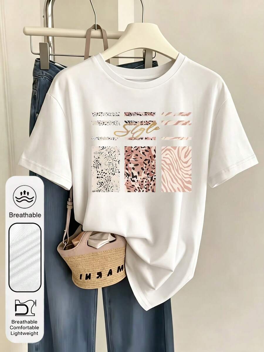 大码女式度假斑马纹图案圆领短袖优雅简约夏季女式白色上衣T恤 - 白色 - 查看 1