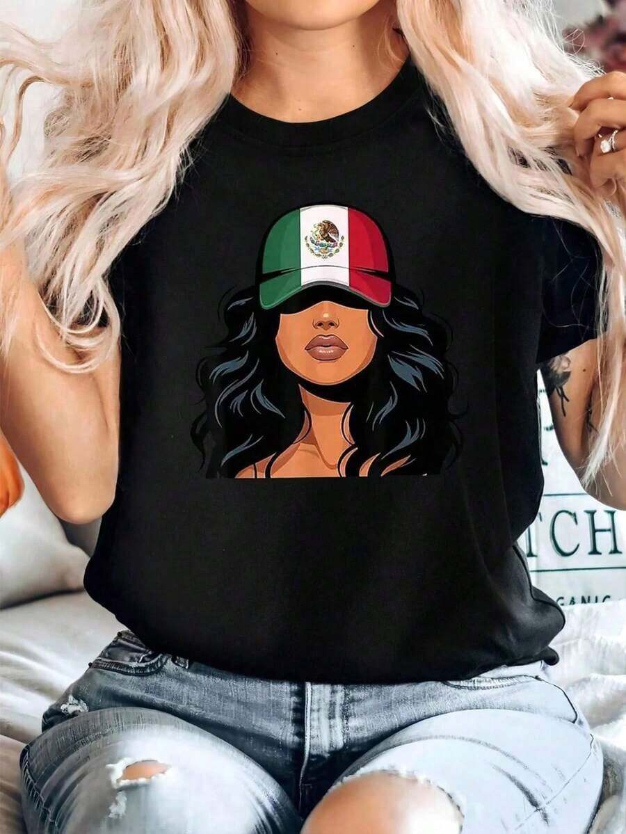 Edición Limitada: Camiseta Casual de Manga Corta con Cuello Redondo para Mujer, con Estampado Gráfico de la Bandera Mexicana, Hombros Caídos, Algodón Ligero - Negro - Ver 1
