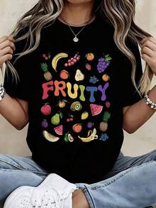 Women's Summer T-Shirt, Vintage Style With Fruit Print, Casual Summer Graphic T-Shirt For Women, Colorful Fruit Design, Loose Fit, White T-Shirt, Modern, Cool And Comfortable - 黑色 - 查看 7