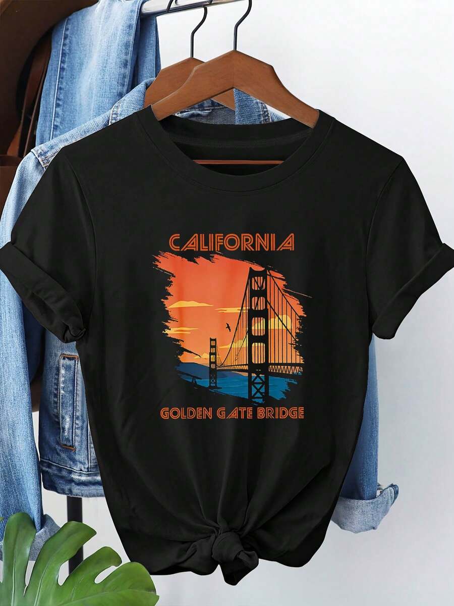 Talla, camiseta de mujer de talla con estampado gráfico del puente Golden Gate de CALIFORNIA, manga corta, cuello redondo, top casual para verano y primavera, ropa de mujer - Negro - Ver 1