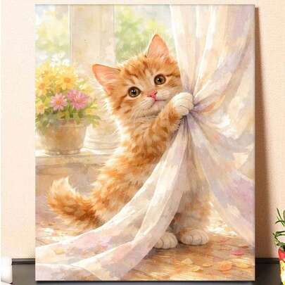 Cute Orange Tabby Cat By Window With Flowers DIY Oil Painting By Numbers Painting Crafts Adult Home Decoration 40x50cm/16x20inch Holiday Gifts