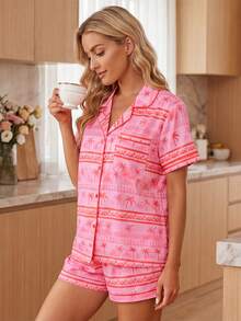 Womens Summer Pajamas Set Coconut Tree Print Button Down Short Sleeve Tops With Shorts Lounge Wear 2 Pcs Set - Pink - View 3