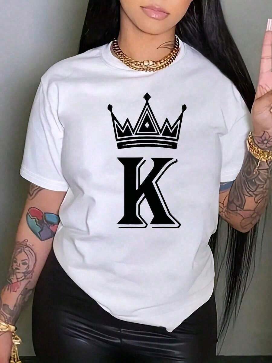 Camiseta de manga corta para mujer | Envíos a México | Tela Transpirable de Alta Calidad | Camiseta holgada de manga corta con estampado en blanco y negro para mujer | Crown y K Design | Negro | Lavable a máquina | Top Casual Deportivo de Cuello Redondo | Moda Holgada y Cómoda | Regalo Unisex para las Fiestas | Conjunto para Parejas | Ropa de Primavera y Verano | Adecuado para todas las estaciones | Transpirable y Absorbente de Sudor para Deportes, Correr y Senderismo | Ropa de Mujer - Ocio - Blanco - Ver 1