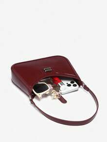 SIA Women's Retro Minimalist Faux Leather Angora Red Buckle Cherry Decor Shoulder Underarm Bag, Baguette Shape Suitable For Work, Commute, Date, Party - Black - View 5