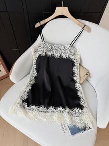 Camiseta de mujer casual y elegante, de seda suelta, ideal para viajes y vacaciones, con encaje beige.Adecuada para festivales de música/temporada de bodas, primavera/verano - Negro - Ver 2