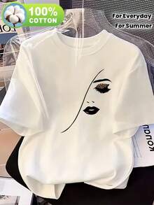 Women's T-Shirt, Casual Short-Sleeved Crew Neck T-Shirt, 100% Pure Cotton, The Perfect Choice For Spring And Summer, Everyday Wear T-Shirt. | Abstract Print Of Feminine Facial Lines | Lightweight Fabric, Casual Loose-Fitting Top For Everyday Wear, Breathable And Comfortable, A Must-Have For All Seasons (Machine Washable) - Weekend Wear, Fun Design, Women's Crew Neck T-Shirt. - 白色 - 查看 7