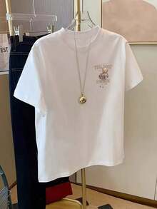 Women's Plus Size Custom Cartoon Teddy Bear Print Mid-Length Short-Sleeve T-Shirt, Loose Fit And Slimming Design, Casual Style, White, Summer Vintage Urban Style, Loose Cotton, Round Neck And Short Sleeve. - 白色 - 查看 3