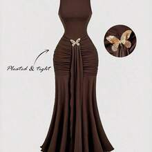 MOD Plus Size Women's Brown Ruched Dress,Wedding Party Dress,Elegant Dress Women,Formal Dress, Dress, Party Dress,Metal Buckle Decoration,Country Concert Outfit,Old Money Style Women,Dresses For Women Party Formal Dresses For Wedding Guest Pleated Tight Dress Brown Wedding Guest Dress Brown Elegant Long Dress Chocolate Brown Dress Brown Long Dress Butterfly Dress Brown Elegant Dress - Marrón - Ver 2