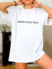 Camiseta de manga corta para mujer con cuello redondo y estampado de letras en inglés, casual, cómoda y a la moda para el verano. - Negro - Ver 5