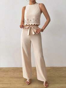 Set de 2 piezas para mujer con top corto elegante con diseño calado y ata y pantalón recto para vacaciones - Albaricoque - Ver 8