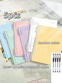 5pcs Set, Includes 1 Spiral Notebook + 4 Pens, A5 Spiral Bound Notebook 60 Sheets/120 Pages - Thick & Colorful Coded Pages - Suitable For University, Diary, Note Taking - Multicolor - View 3
