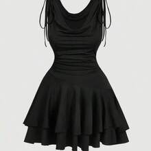 MOD Plus Size Women's Modest Black Draped Neck Dress - Deep V Tiered Ruffle Hem Knitted A-Line With Adjustable Lace-Up For Everyday/Party/Vacation,Can Be Worn With A Slanted Shoulder, Or In Multiple Ways.,Birthday Dresses For Women - Negro - Ver 3