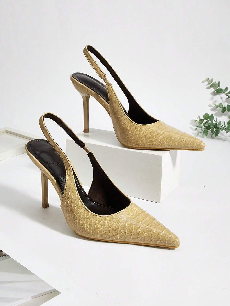 Sepatu Mule Hak Tinggi Stiletto dengan Tali Kulit Ular Seksi Ujung Lancip untuk Pesta & Perjamuan - Sampanye - View 1