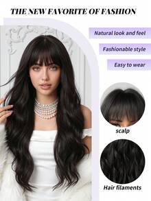 Tóc giả dài 26 inch, kiểu tóc mái gợn sóng, chất liệu tổng hợp màu đen tự nhiên, sợi chịu nhiệt, đường chân tóc tự nhiên, dễ đội, phù hợp cho sử dụng hàng ngày, đi làm, đi học, hẹn hò, tiệc sinh nhật, Halloween, Giáng sinh, Lễ Tạ ơn, lễ hội âm nhạc, phong cách Y2K, quà tặng cho bạn gái, chị gái, mẹ, tóc giả thời trang dành cho nữ. - màu đen - Xem 7