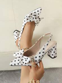 Giày sandal chấm bi nơ mũi nhọn hở gót đa năng mới, giày cao gót đế dày kiểu retro phù hợp cho đi làm và hẹn hò. - Đen và trắng - Xem 6