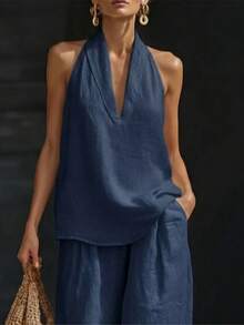 2026 Spring/Summer New Women's Halter Neck V-Neck Sleeveless Casual Two-Piece Set Suitable For Daily Casual Wear, Beach Vacations, And Dates - 藏蓝色 - 查看 2