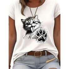 Camiseta informal de manga corta de punto para mujer con estampado de gato adorable. - Blanco - Ver 1