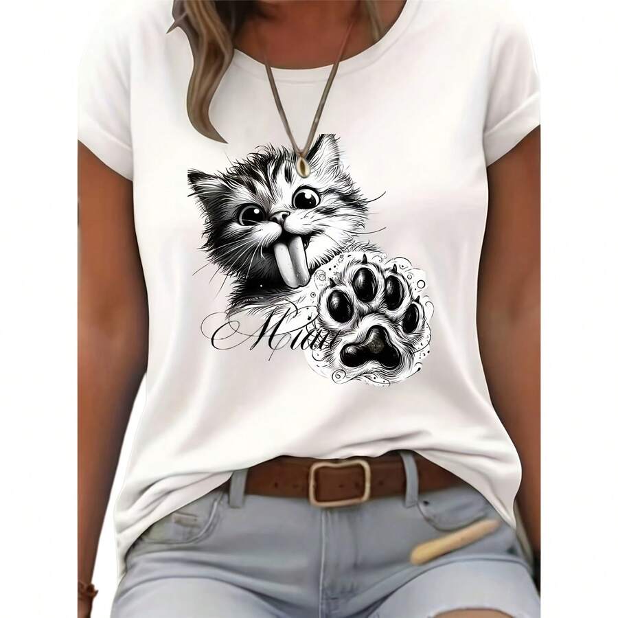Camiseta informal de manga corta de punto para mujer con estampado de gato adorable. - Blanco - Ver 1
